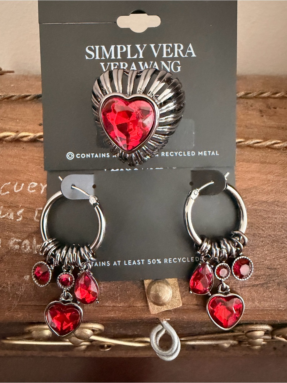 Vera Wang Silver-Tone Hoop Earrings and Heart Ring with Red Stones